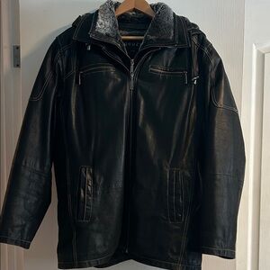 Men's Black Leather Zip-Front Jacket with faux fur sleevless detachable vest
